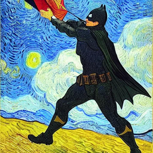 Image similar to batman flying a kite, van gogh painting,