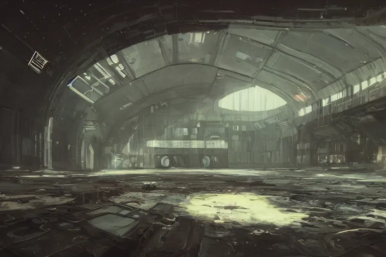 Image similar to A beautiful painting of inside in abandoned rusty space station from kindzadza, Trending on artstation.