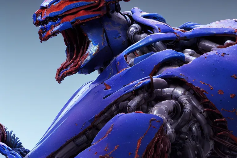 Image similar to portrait of a posed hyper detailed ultramarine burrower evangelion realistic mechanical and fleshy organic creature similar look as horizon forbidden west horizon zero dawn bioluminiscence in a dark deep forest at dawn in spring, with reflection and textures, by kilian eng, substance painter reaslitic mech surface metal painted scratches