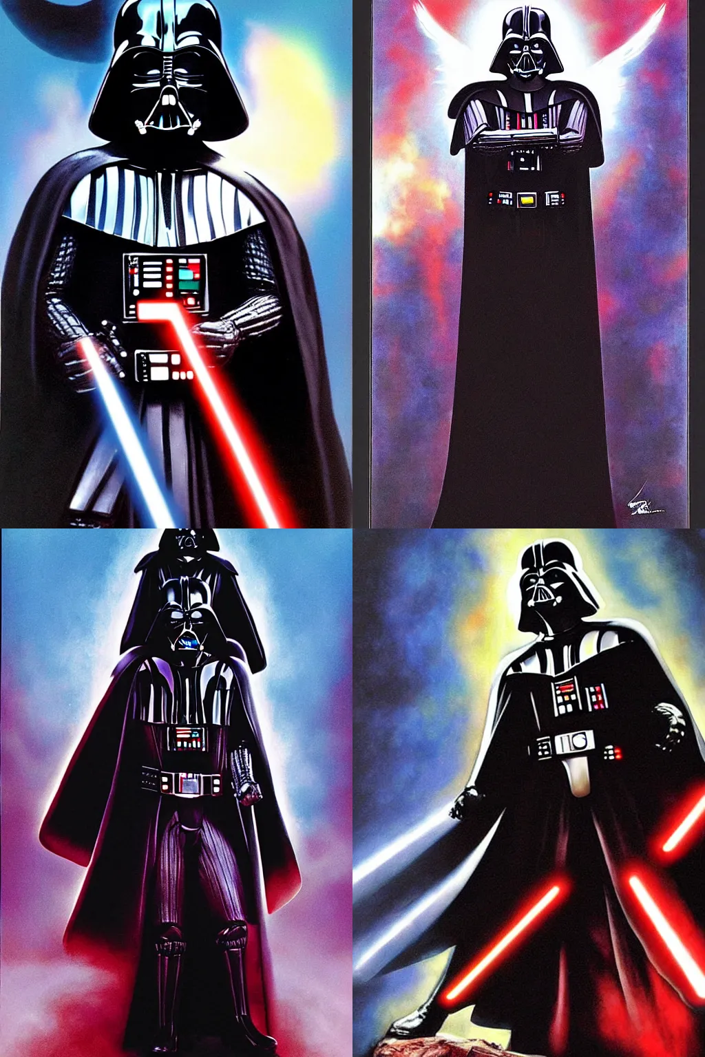 Prompt: Darth Vader with angel wings, style by Drew Struzan