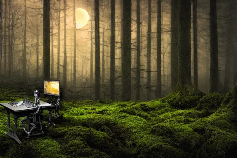 Image similar to a burning with fire human skeleton sitting behind computer, overgrown with moss, in foggy forest, at night with moon light, dark atmosphere, dark fantasy, highly detailed