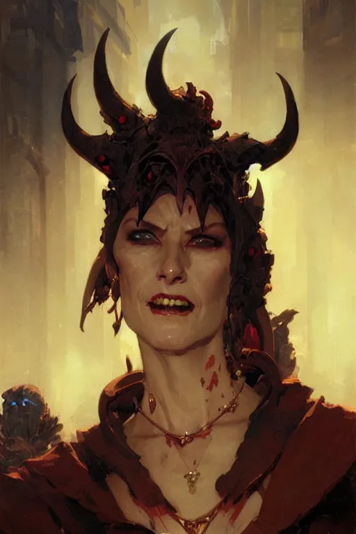 Prompt: well dressed middle aged woman with a sly smile and demonic horns growing from her head portrait dnd, painting by gaston bussiere, craig mullins, greg rutkowski, yoji shinkawa