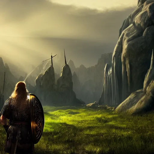 Prompt: a mighty viking warrior standing in front of a landscape of valhalla, god rays, inspired by norse mythology, portal to outer space, 4k digital art unreal engine trending on artstation