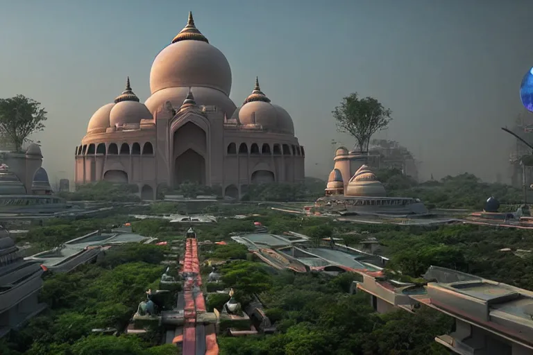 Image similar to beautiful futuristic new delhi, sci - fi ganesha!! building, kalighat flowers, octane highly detailed cinematic, stephen shore & john j. park, soft morning light, wide shot, aerial shot, uhd 8 k, shallow depth of field