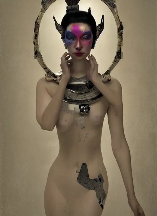 Image similar to portrait of a sensual futuristic geisha cyborg with headpiece, kintsugi, modern fine art, fractal, in the style of ghosts in the shell, intricate ornaments, elegant, highly detailed, digital photography, subsurface scattering, by jheronimus bosch and greg rutkowski,