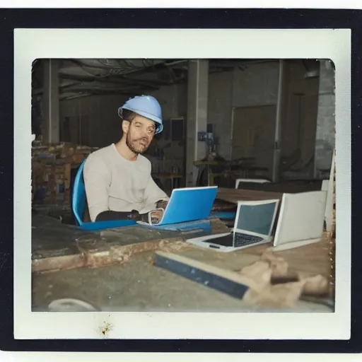 Image similar to a polaroid photo of man using a laptop inside in warehouse, he sitting on chair and small table, he's wearing blue cloth and construction hat, behind him is a very scary monster watching him work, photo from behind, highly details, perfect face shape, cinematic lighting,