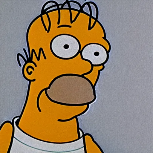 Prompt: Homer Simpson looking livid staring into the camera in a dark dingy room