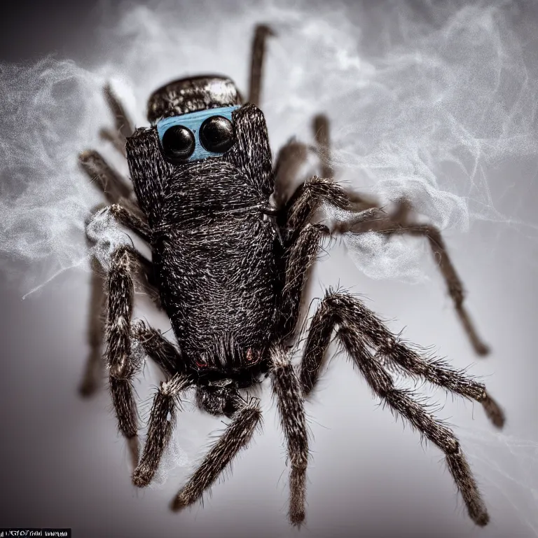 Prompt: a close up of an adorable baby spider robot, dramatic lighting smoke, award winning national geographic nature photography