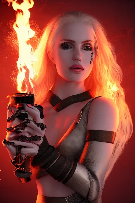 Prompt: gorgeous blonde woman with fire in her hand, cyberpunk, realistic, high definition, many details, symmetrical face, realistic eyes, art of arcane