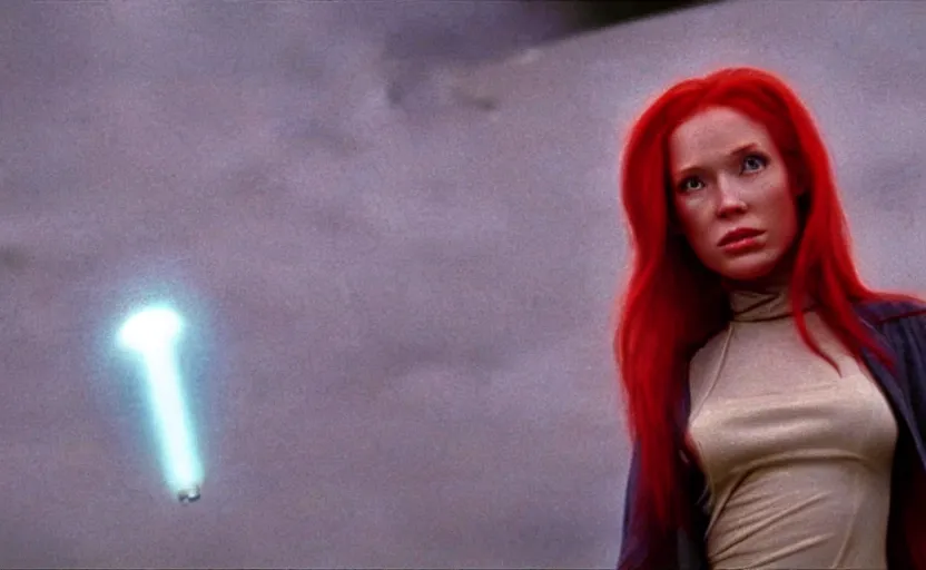 Image similar to screenshot of Julian Moore as Mara Jade, the female jedi, from the film 2001 Space Oddyssey (1968) directed by Stanley Kubrick, 4k still frame, windy hair, cinematic lighting, stunning cinematography, hyper detailed scene, anamorphic lenses, kodak color film stock