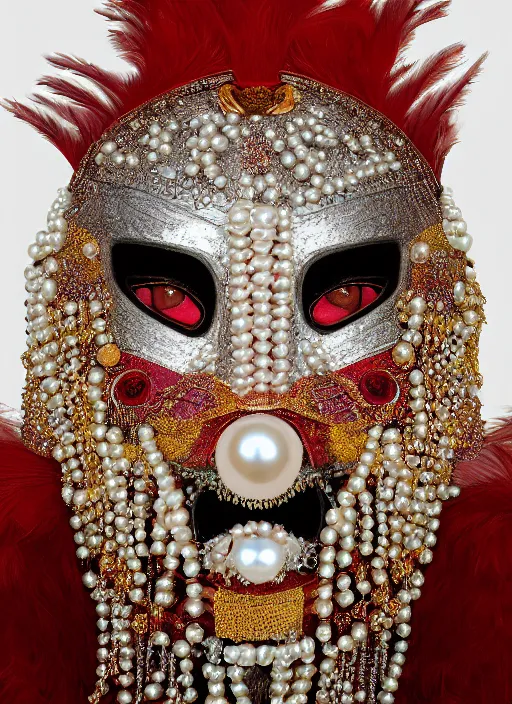 Image similar to hyperrealism, detailed textures, award winning autochrome photo, symetrical japanese pearl, beautiful animal pearl queen, autochrome pearl portrait, pearls, red feathers, silverplate, intricate, detailed facial pearl scary animal mask, pearl, golden jewelery, silverplate, ultra realistic, cinematic, intricate, by steve mccurry, unreal engine 8 k