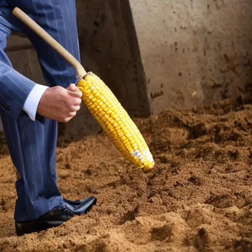 Prompt: man wearing a suit hitting a corn cob with as shovel