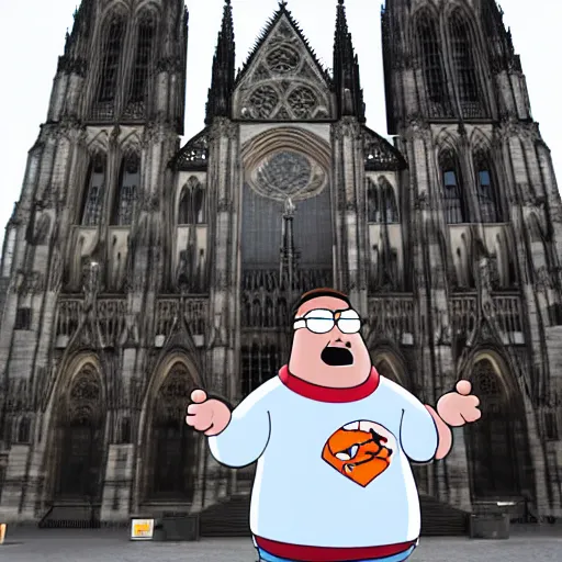 Image similar to Peter griffin in front of koln cathedral, he is dancing and doing the griddy