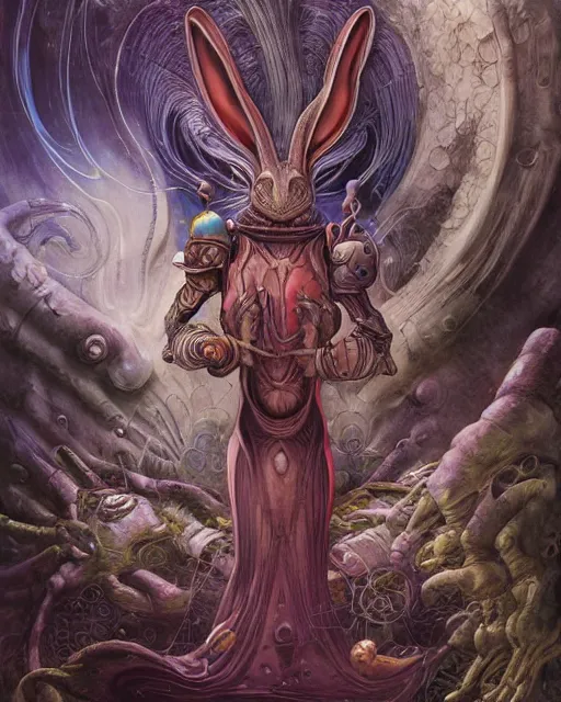 Image similar to alchemist rabbit, by antonio j. manzanedo, giger, alex grey, android jones, wayne barlowe, philippe druillet, raymond swanland, cyril rolando, josephine wall, harumi hironaka, trending on artstation