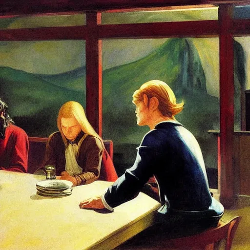 Image similar to the fellowship of the ring movie poster painted by edward hopper