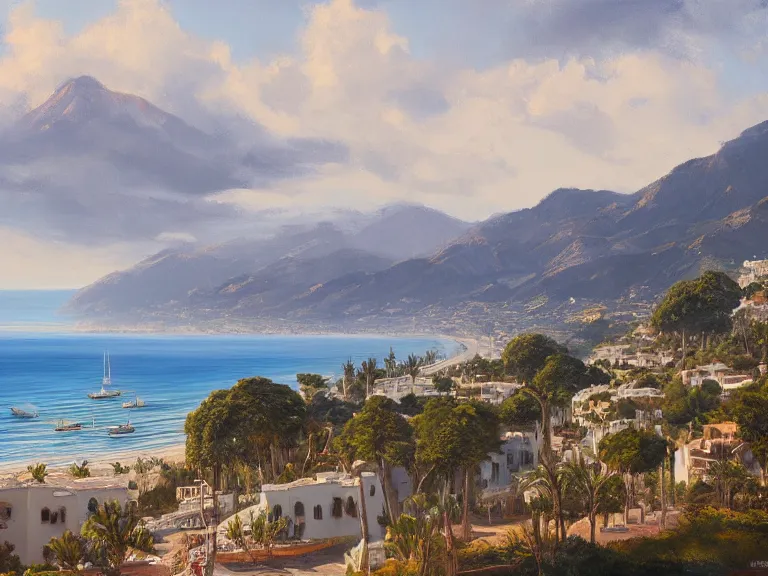 Prompt: very detailed painting of marbella landscape, sun coast, small city, beach, mountain in the background, trending on artstation, by raphael lacoste, fine art, 8 k resolution