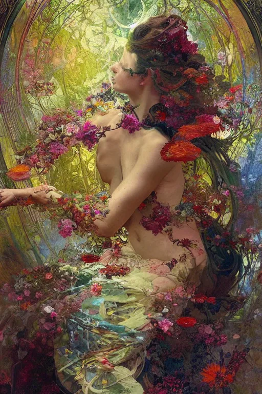 Prompt: a beautifull intricate painting of a disembodied soul surrounded by flowing flower petals, leaves and spiderweb, vivid colors, artstation, by jeremy mann, by alphonse mucha,
