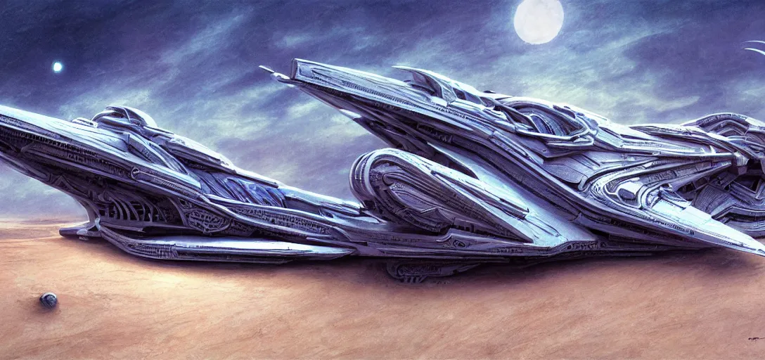 Image similar to Dune spaceship by H.R. Giger, drawing on pencil, ornate, details, smooth, sharp focus, illustration, realistic, cinematic, artstation, award winning, rgb, ethereal blue lighting, 8K,