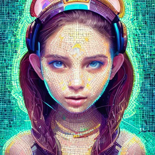 Image similar to mosaic portrait of a beautiful young girl with robot ears falling into the universe by Ross Tran, 4k, intricate details