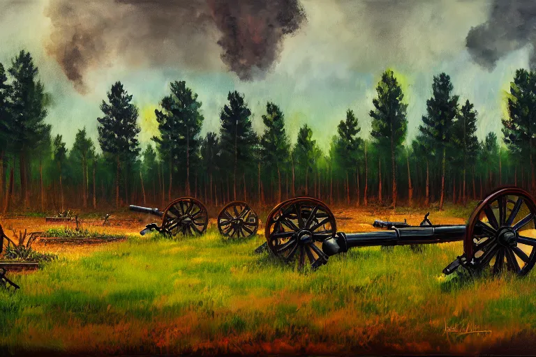 Image similar to cannons firing to the left, artillery, indirect fire, ww 1, forest clearing background, at night, oil on canvas, bloom highlights, view from the ground, poster art, darkness, video game art, digital art, fine brushstrokes, hdr, 4 k