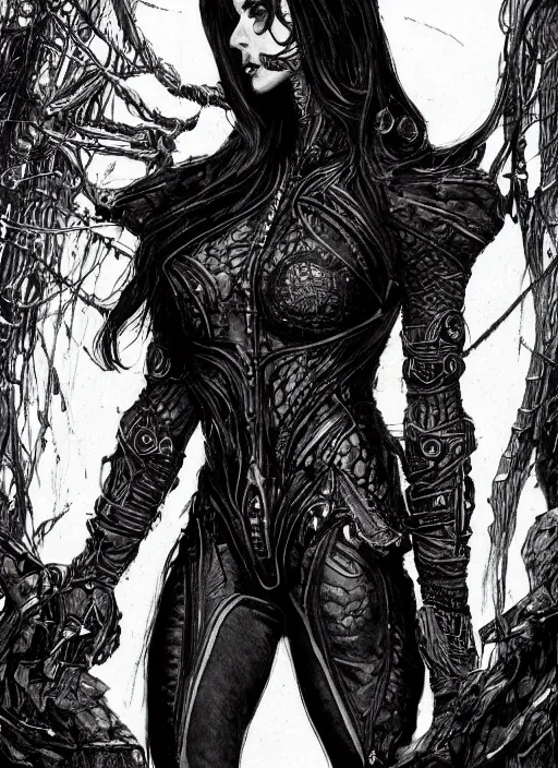 Image similar to a black haired woman in a leather jacket, muscular upper body, abs, d & d, fantasy, intricate, elegant, highly detailed, digital painting, artstation, concept art, smooth, sharp focus, illustration, art by philippe druillet