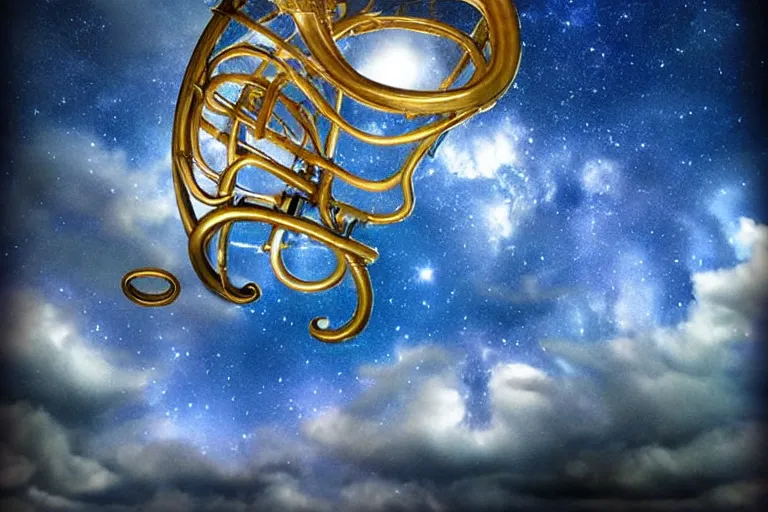 Image similar to intricate filigreed tuba cloud sculpture, art nouveau environment, surreal, milky way, award winning art, epic dreamlike fantasy landscape, ultra realistic,