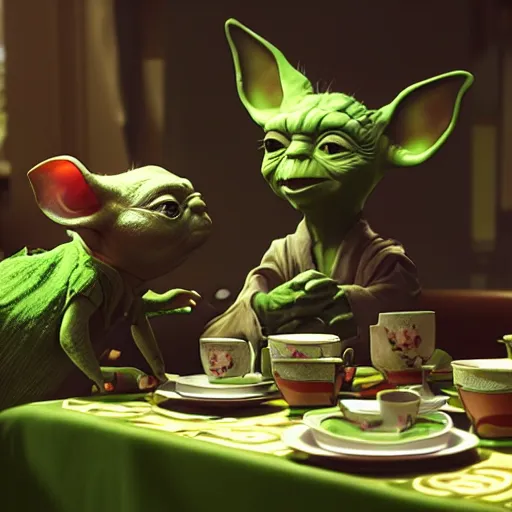 Prompt: green mice with yoda ears at a tea party, greg rutkowski and jason chan highly detailed cinematic lighting octane render unreal engine