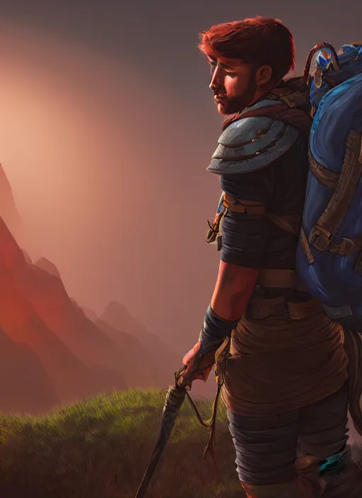 Prompt: an epic fantasy comic book style portrait painting of a male fantasy explorer in the wilds with a backpack and map, unreal 5, daz, hyperrealistic, octane render, cosplay, rpg portrait, dynamic lighting