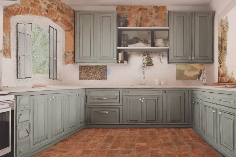 Image similar to Photography of Provence style kitchen with sleeping cat in the center, photorealism