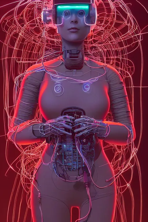 Image similar to A beautiful woman wearing a cybernetic helmet with many wires plugged into is and in her body by Moebius and Beeple