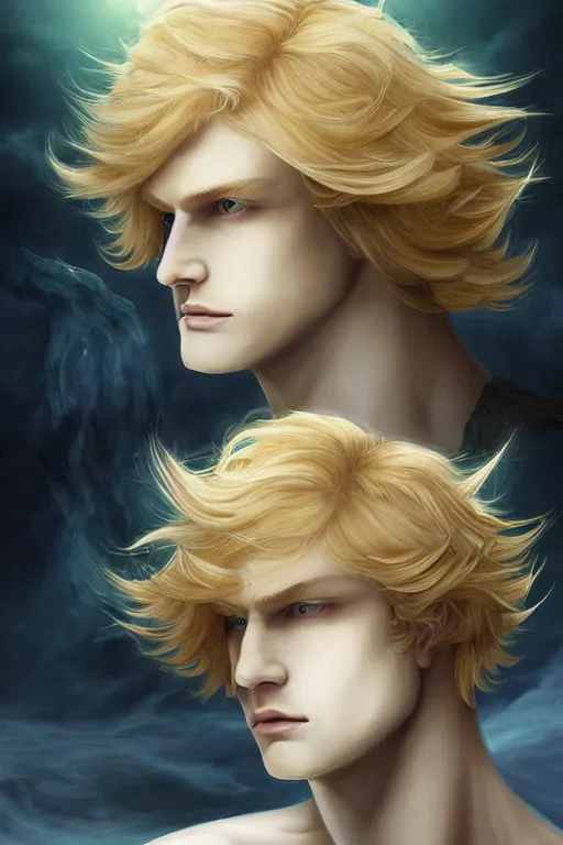 Prompt: digital art of a pale menacing male Cyborg Angel of Battle with fluffy blond curls of hair and piercing eyes, ascending to godhood blessed by the sun, bathed in scintillating radiance, johan liebert mixed with Dante, central composition, he commands the fiery power of resonance and wrath, very very long blond curly hair, fringe over forehead, Center parted bangs, forehead bangs parted in the middle, baroque curls, by WLOP, Artstation, CGsociety