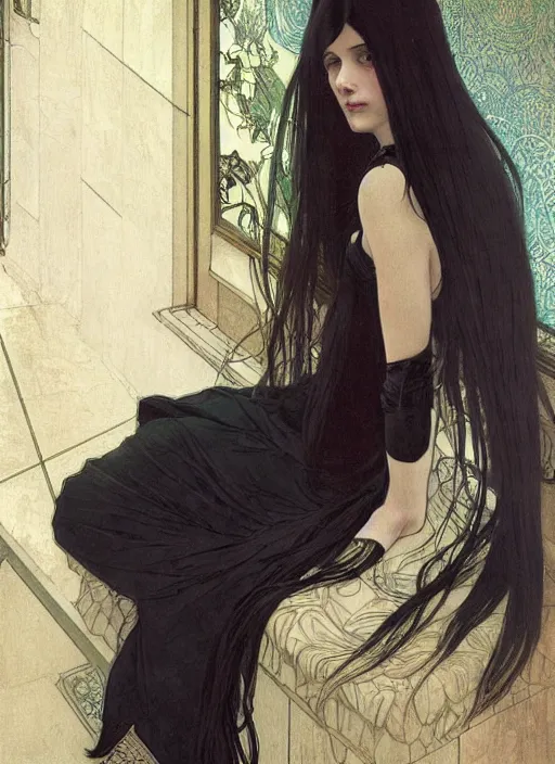 Image similar to a lonely young girl with straight long black hair wearing black dress that sitting on bathroom floor, art by artgem, greg rutkowski and alphonse mucha