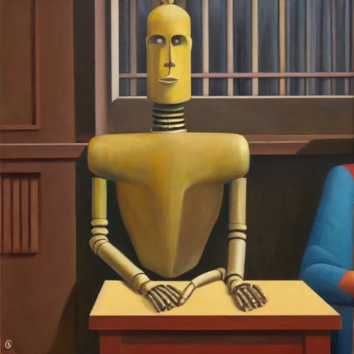 Prompt: three brutalist robot judges portrait, grant wood, pj crook, edward hopper, oil on canvas