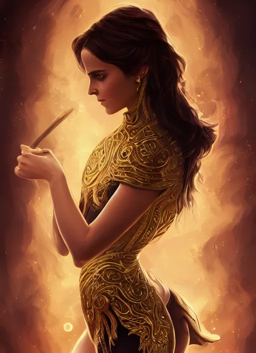 Image similar to emma watson as dark magic celestial, long hair, black, gold and (((transparent))) cloth, space, D&D, shiny background, intricate, elegant, highly detailed, digital painting, artstation, concept art, smooth, sharp focus, illustration, artgerm, bouguereau