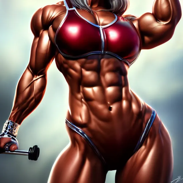 Image similar to muscle girl, chrome, highly detailed, 4 k, hdr, smooth, sharp focus, high resolution, award - winning photo, artgerm, photorealistic