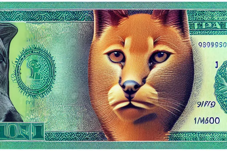 Prompt: one dollar banknote with face of cute caracal on it, photo realistic, ultra detailed, 8k, bokeh, sharp focus