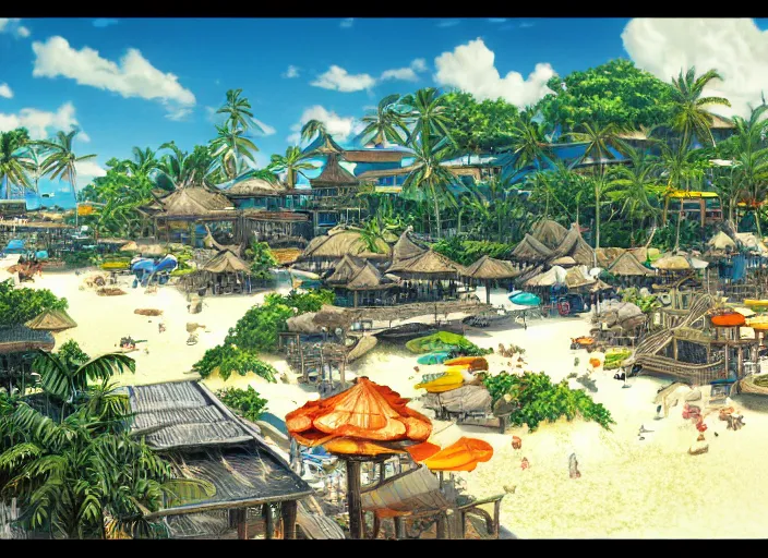 Prompt: Fantasy tropical port town ground view of the beach. hidari, color page, tankoban, 4K, tone mapping, Akihiko Yoshida.