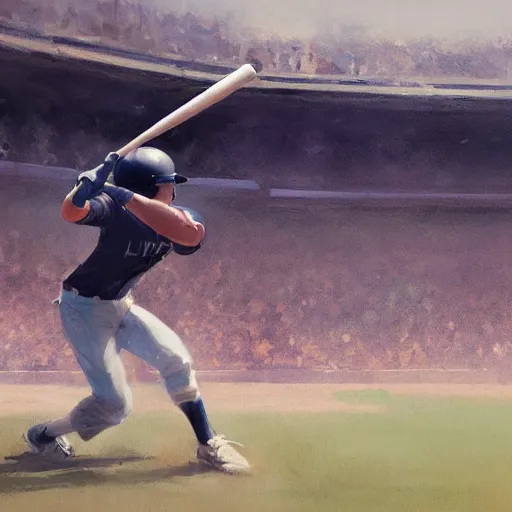 Image similar to baseball player hitting the ball with the baseball bat in the middle of the game and in front of everyone in the stadium, james gurney painting style, greg rutkowski, artstation