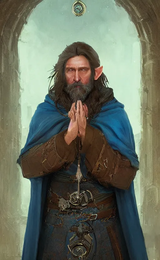 Prompt: portrait of a middle aged elf with a long beard, dressed in a blue cloak, clock iconography, brown hair, raised hand, detailed face, fantasy, highly detailed, cinematic lighting, digital art painting by greg rutkowski