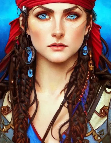 Image similar to fully clothed armed female pirate captain. sun, summer, blue eyes, beauty, wisdom, love, strength, knowledge, smart, portrait, symmetrical, highly detailed, digital painting, artstation, smooth, sharp focus, illustration, strength, art by artgerm and alphonse mucha and louis theophile hingre. 8 k