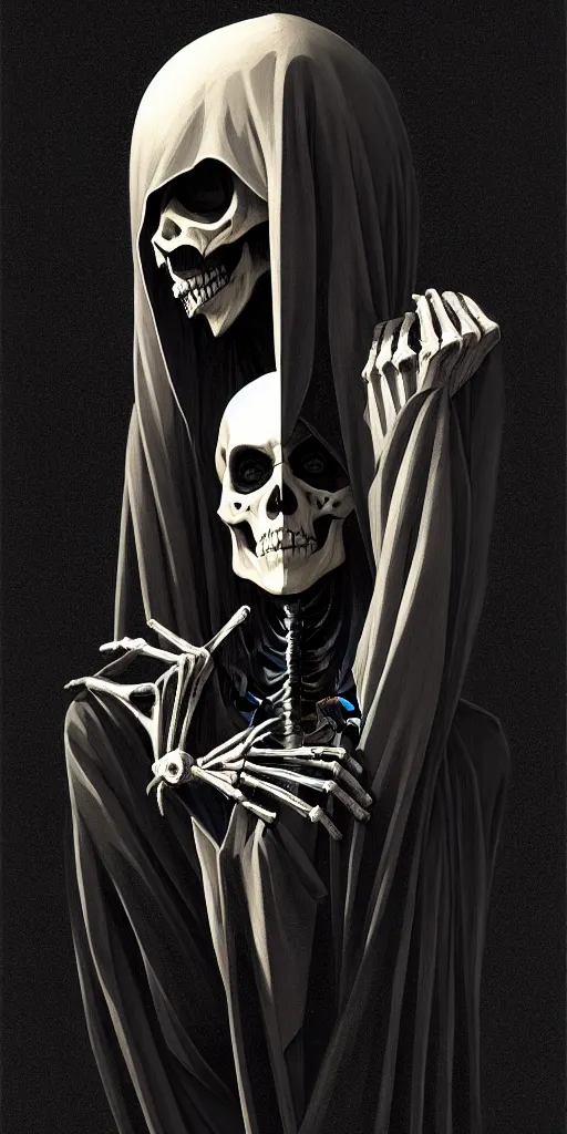 Image similar to skeleton jesus, noir, sharp focus, intricate, illustration, cell shaded, digital painting, highly detailed, matte, art by ilya kuvshinov, wlop, greg rutkowski, reflections, studio quality, james jean, artem demura