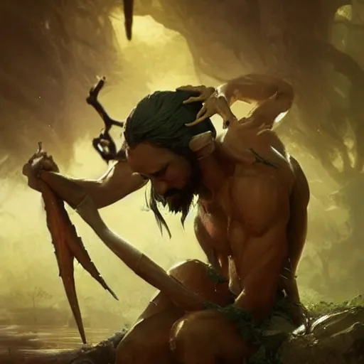 Prompt: scary godlike fairy killing a frog , muscular , upper body , epic , traditional makeup , gorgeous features , Post-processing , low angle , Greg rutkowski legendary matte painting , masterpiece