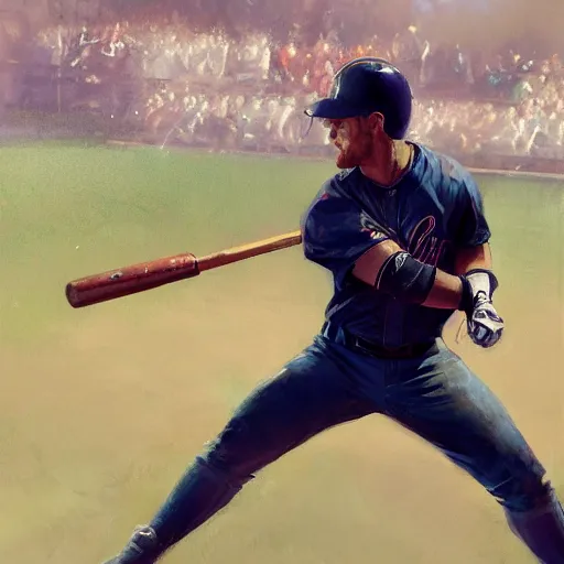 Image similar to baseball player hitting the ball with the baseball bat in the middle of the game and in front of everyone in the stadium, james gurney painting style, greg rutkowski, artstation