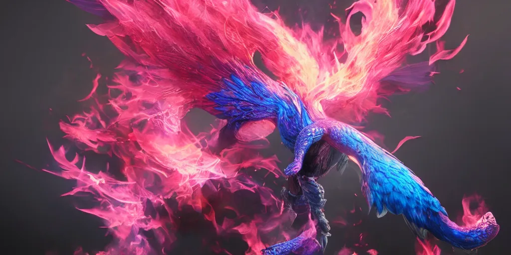 Image similar to pink and blue flaming phoenix, character portrait, unreal engine 5, intricate, detailed, realistic, masterpiece