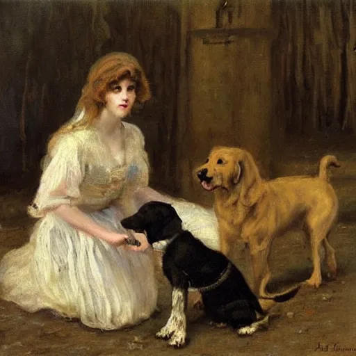 Image similar to young woman meeting a dog zombie by alfred stevens