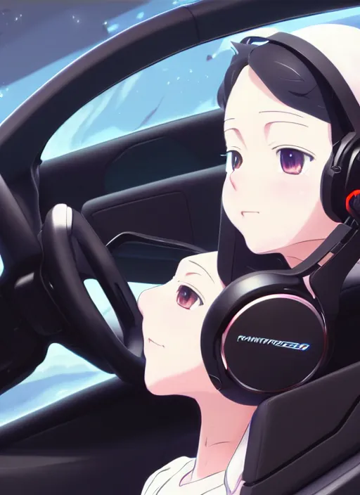 Image similar to portrait of cute girl driving on simracing simulator, personal room background, illustration concept art anime key visual trending pixiv fanbox by wlop and greg rutkowski and makoto shinkai and studio ghibli and kyoto animation, fanatec peripherals, playseat evolution, symmetrical facial features, small headphones, ferrari, sf 1 0 0 0