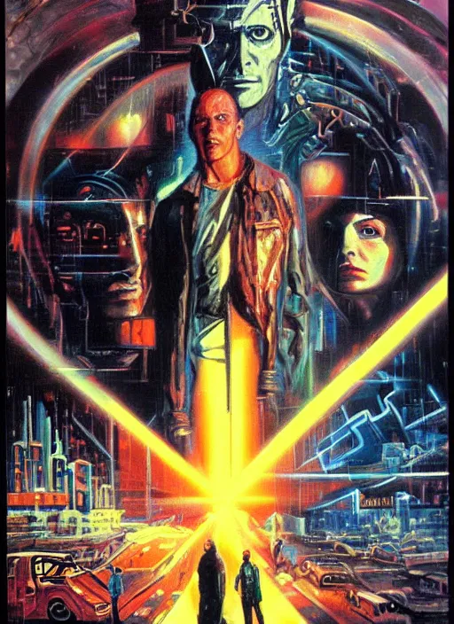 Image similar to 1 9 8 3 movie poster for neuromancer. oil on canvas by john alvin, drew strusan.