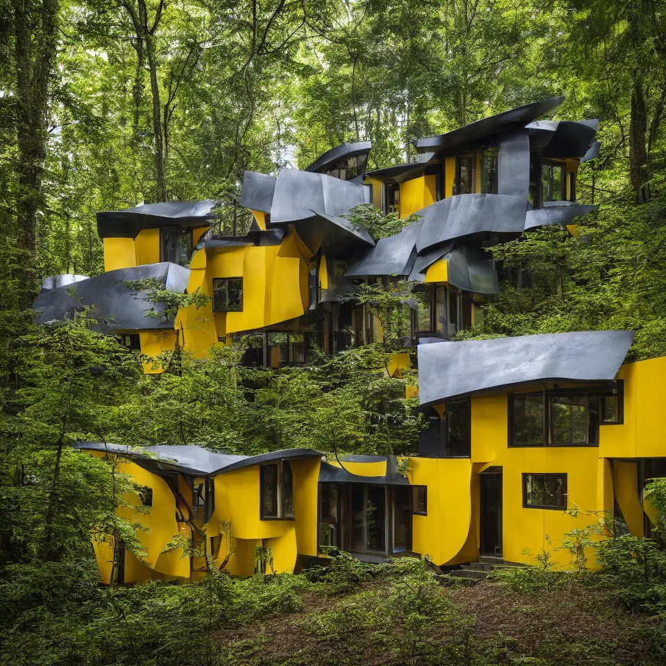 Image similar to a small flat house in the forest, designed by Frank Gehry. Big Tiles. Film grain, cinematic, yellow hue