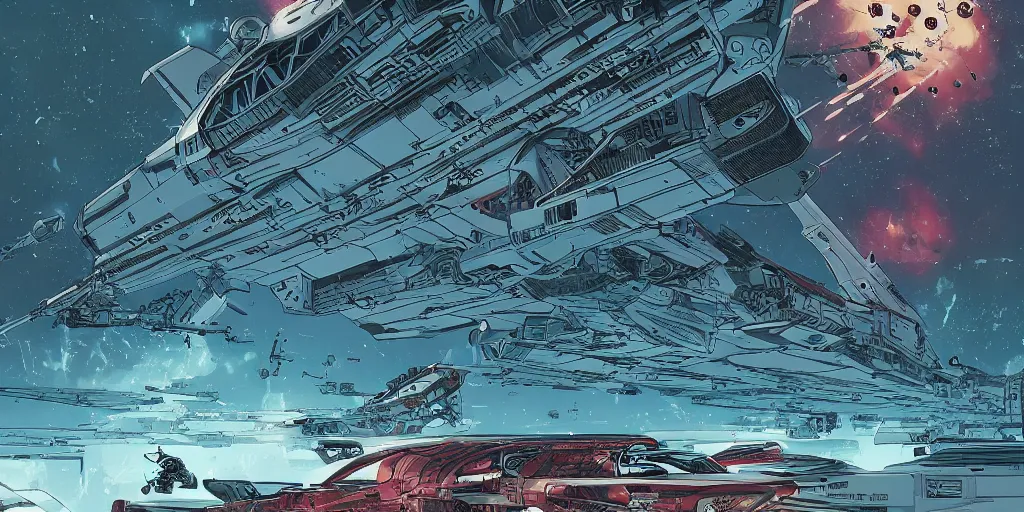 Prompt: an epic spaceship battle in low earth orbit between two waring factions, lasers and explosions. laurie greasley. cinematic. 4 k.