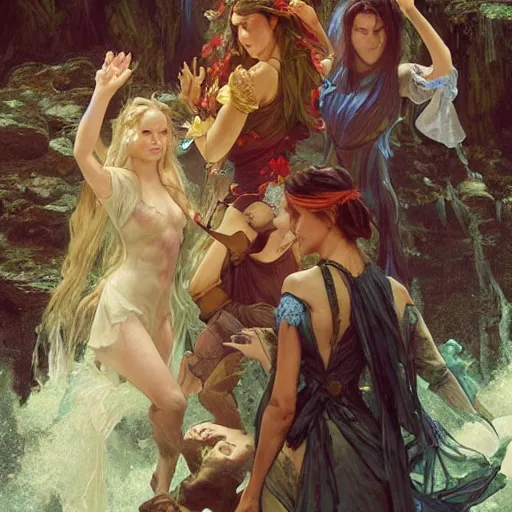 Image similar to an extremely detailed portrait of four polyamorous witches dancing in a cavern behind a waterfall, epic fantasy, viewed in profile from far away, sharp focus, detailed face, art by greg rutkowski and alphonse mucha, volumetric lighting, 4 k resolution, trending on artstation, masterpiece